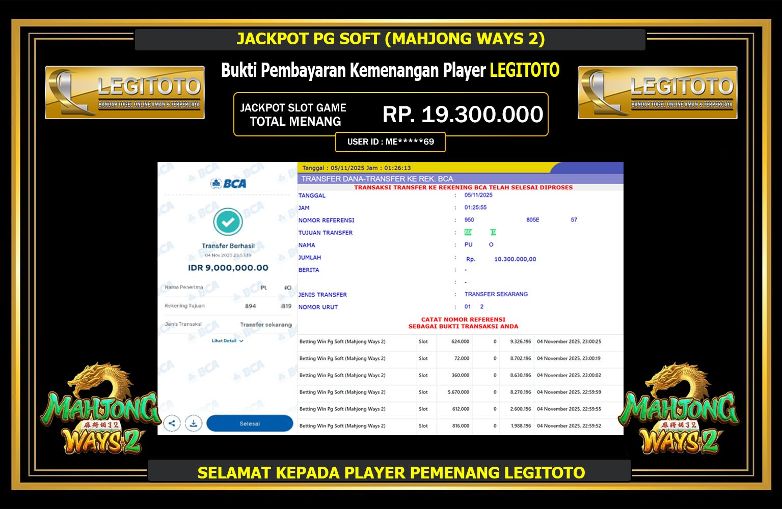 LEGITOTO JACKPOT PG SOFT (MAHJONG WAYS 2) Rp.19.300.000,- LUNAS