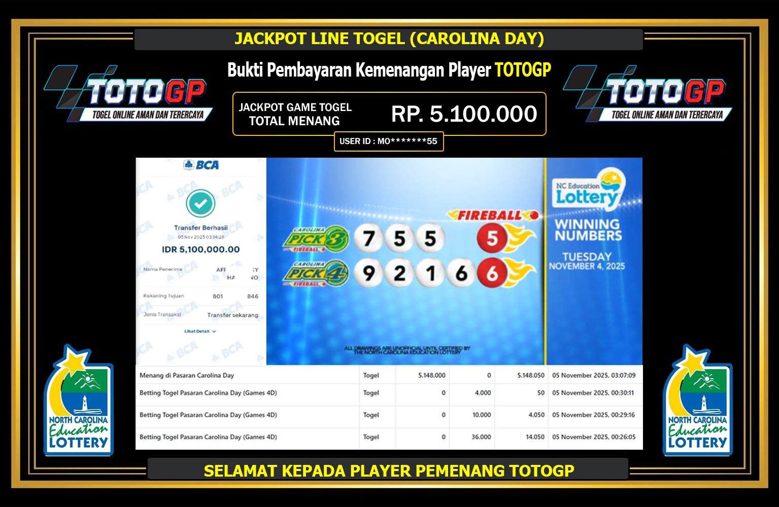 TOTOGP JACKPOT LINE TOGEL (CAROLINA DAY) Rp.5.100.000,- LUNAS