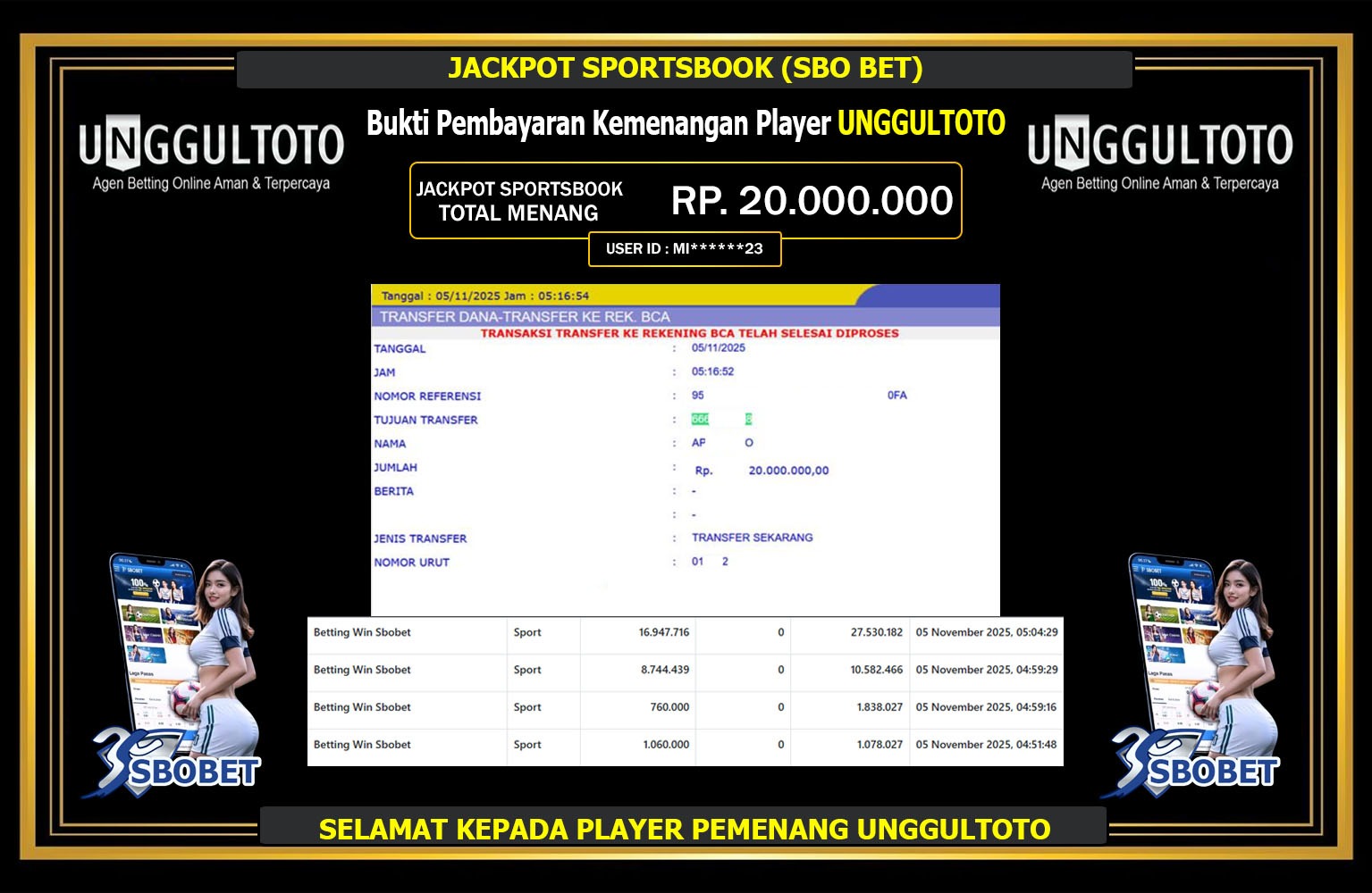 UNGGULTOTO JACKPOT SPORTSBOOK (SBO BET) Rp.20.000.000,- LUNAS