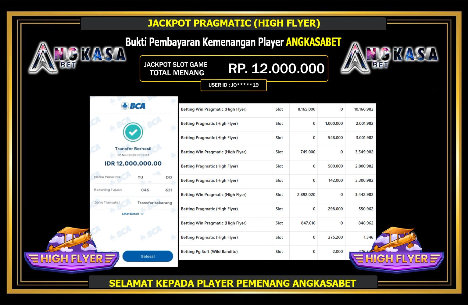 ANGKASABET JACKPOT PRAGMATIC (HIGH FLYER) Rp.12.000.000,- LUNAS