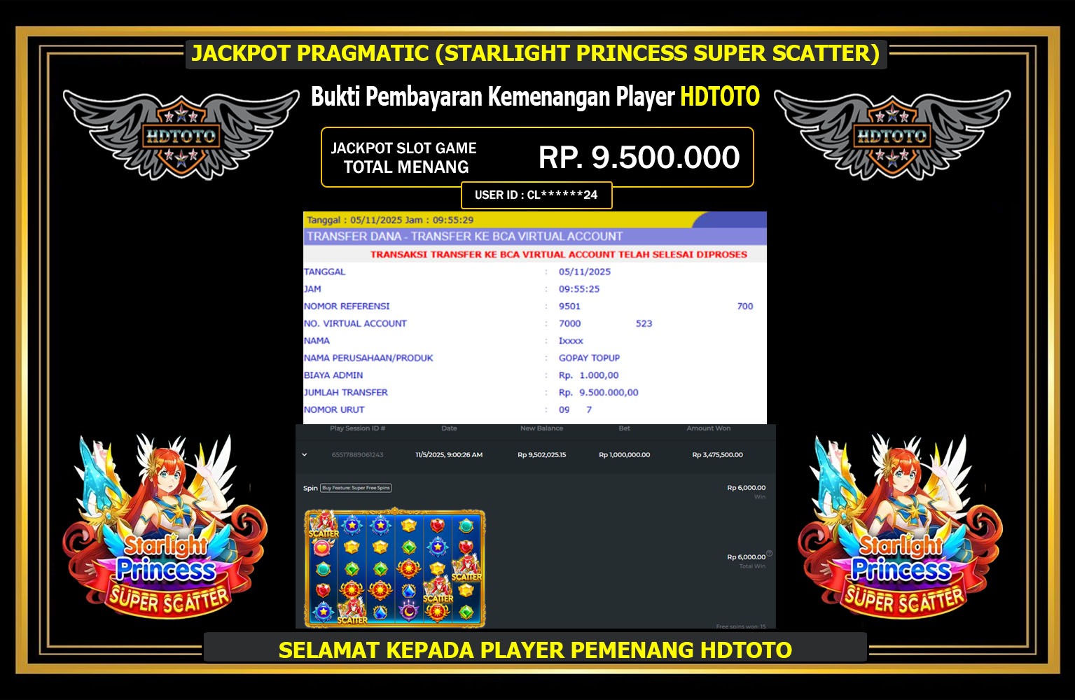 HDTOTO JACKPOT PRAGMATIC (STARLIGHT PRINCESS SUPER SCATTER) Rp.9.500.000,- LUNAS