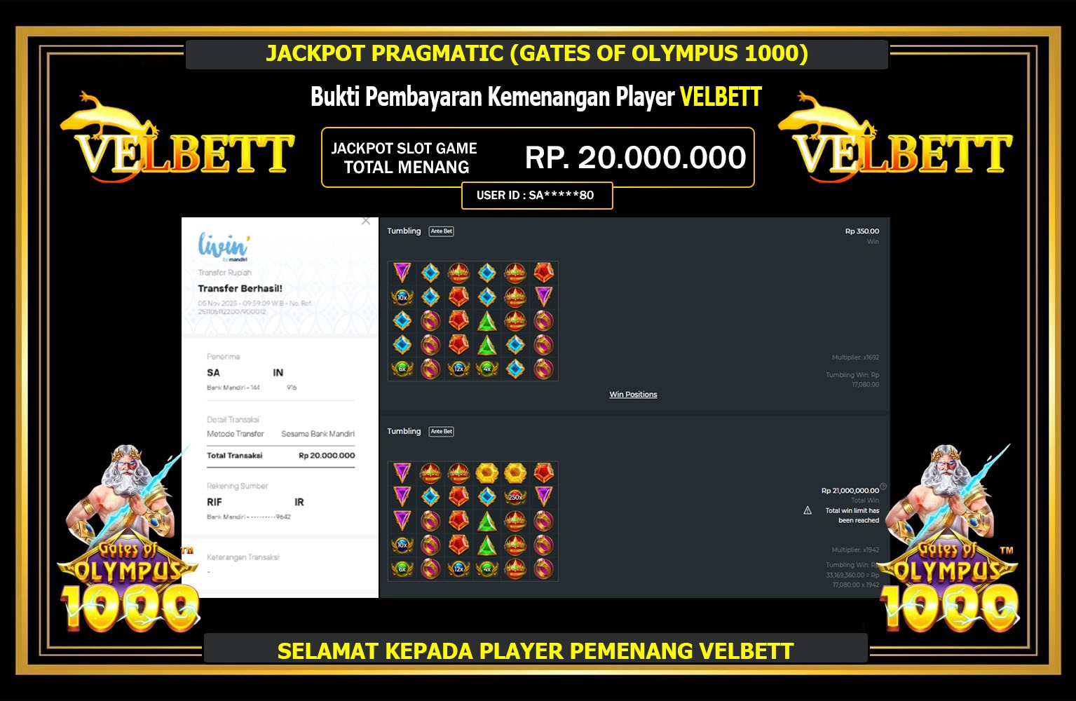 VELBETT JACKPOT PRAGMATIC (GATES OF OLYMPUS 1000) Rp.20.000.000,- LUNAS