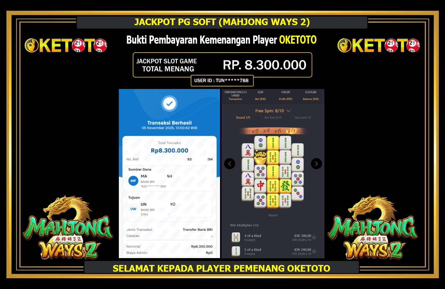 OKETOTO JACKPOT PG SOFT (MAHJONG WAYS 2) Rp.8.300.000,- LUNAS