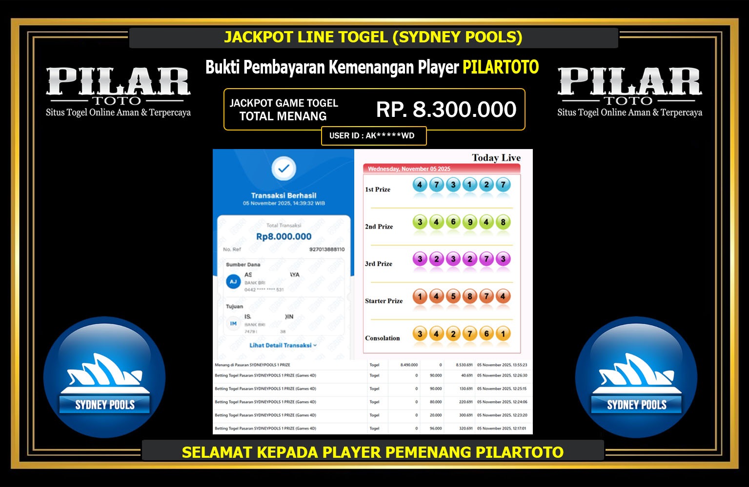 PILARTOTO JACKPOT LINE TOGEL (SYDNEY POOLS) Rp.8.300.000,- LUNAS