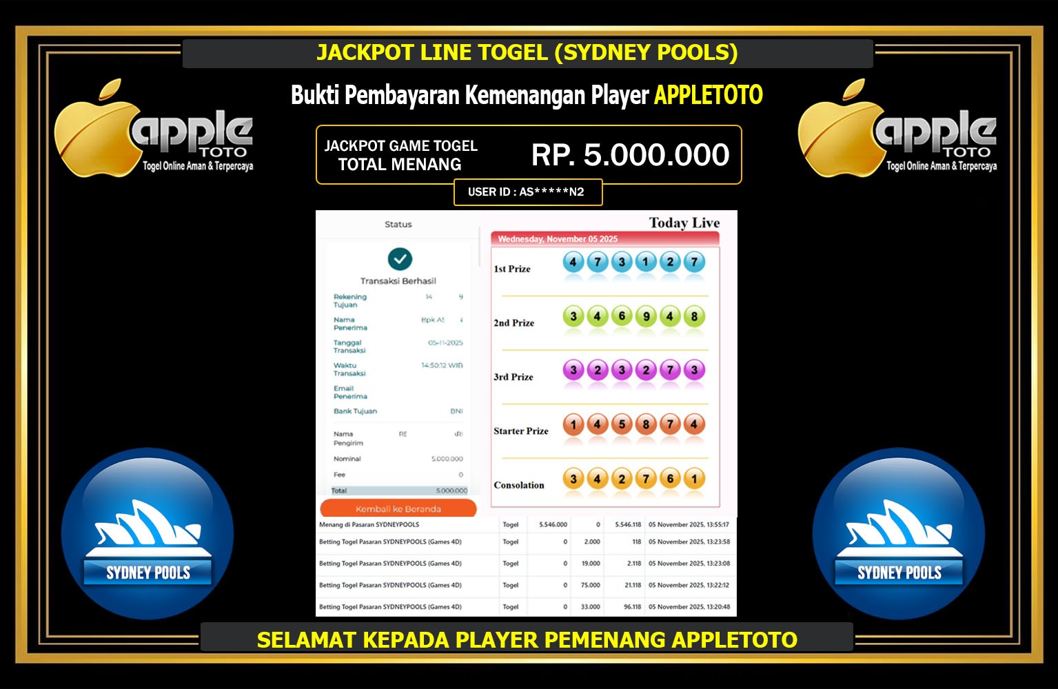 APPLETOTO JACKPOT LINE TOGEL (SYDNEY POOLS) Rp.5.000.000,- LUNAS