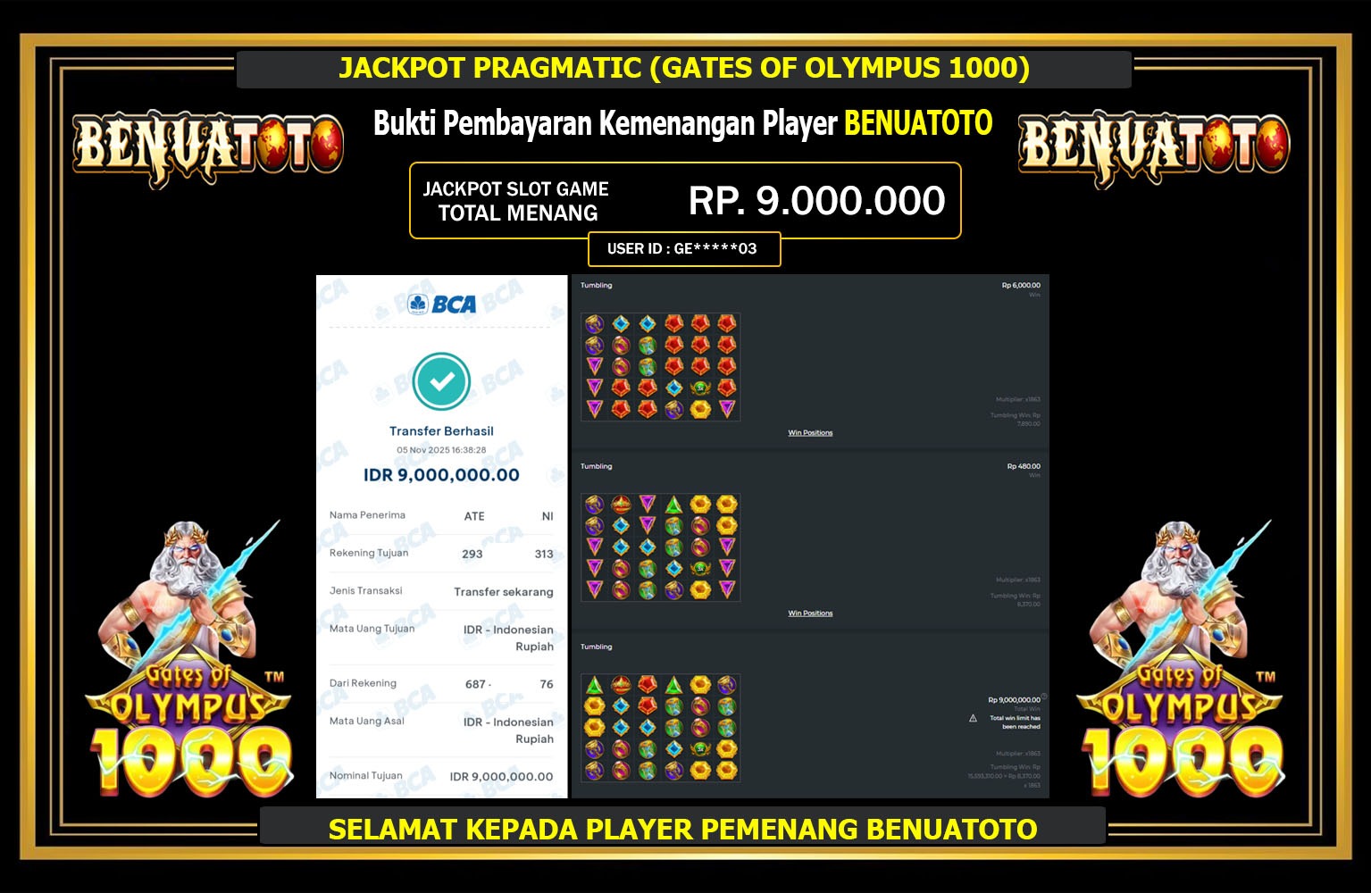 BENUATOTO JACKPOT PRAGMATIC (GATES OF OLYMPUS 1000) Rp.9.000.000,- LUNAS