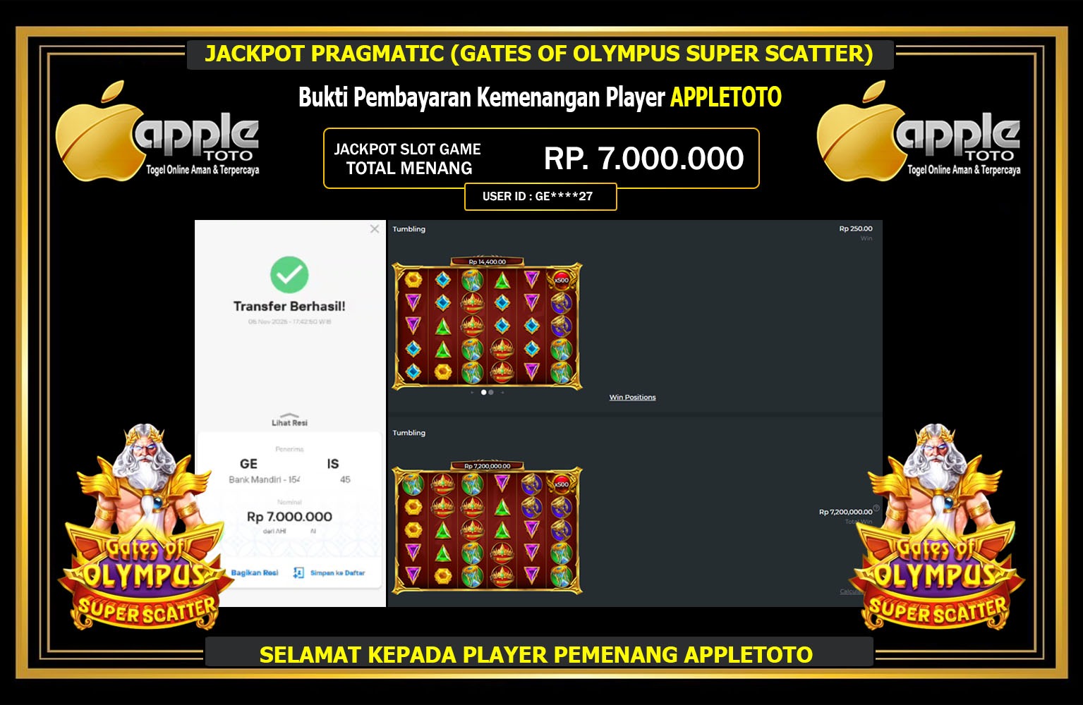 APPLETOTO JACKPOT PRAGMATIC (GATES OF OLYMPUS SUPER SCATTER) Rp.7.000.000,- LUNAS