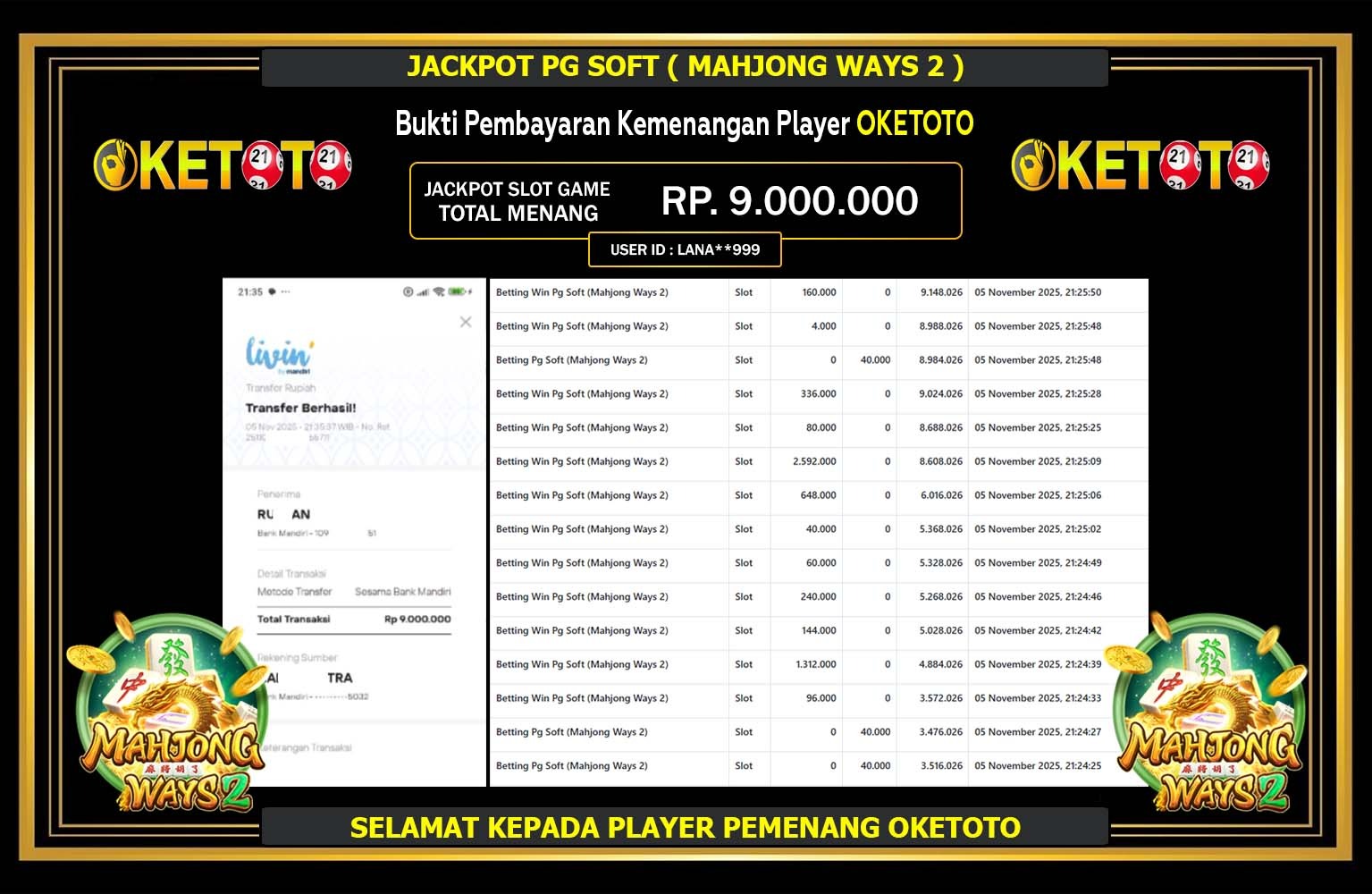 OKETOTO JACKPOT PG SOFT (MAHJONG WAYS 2) Rp.9.000.000,- LUNAS