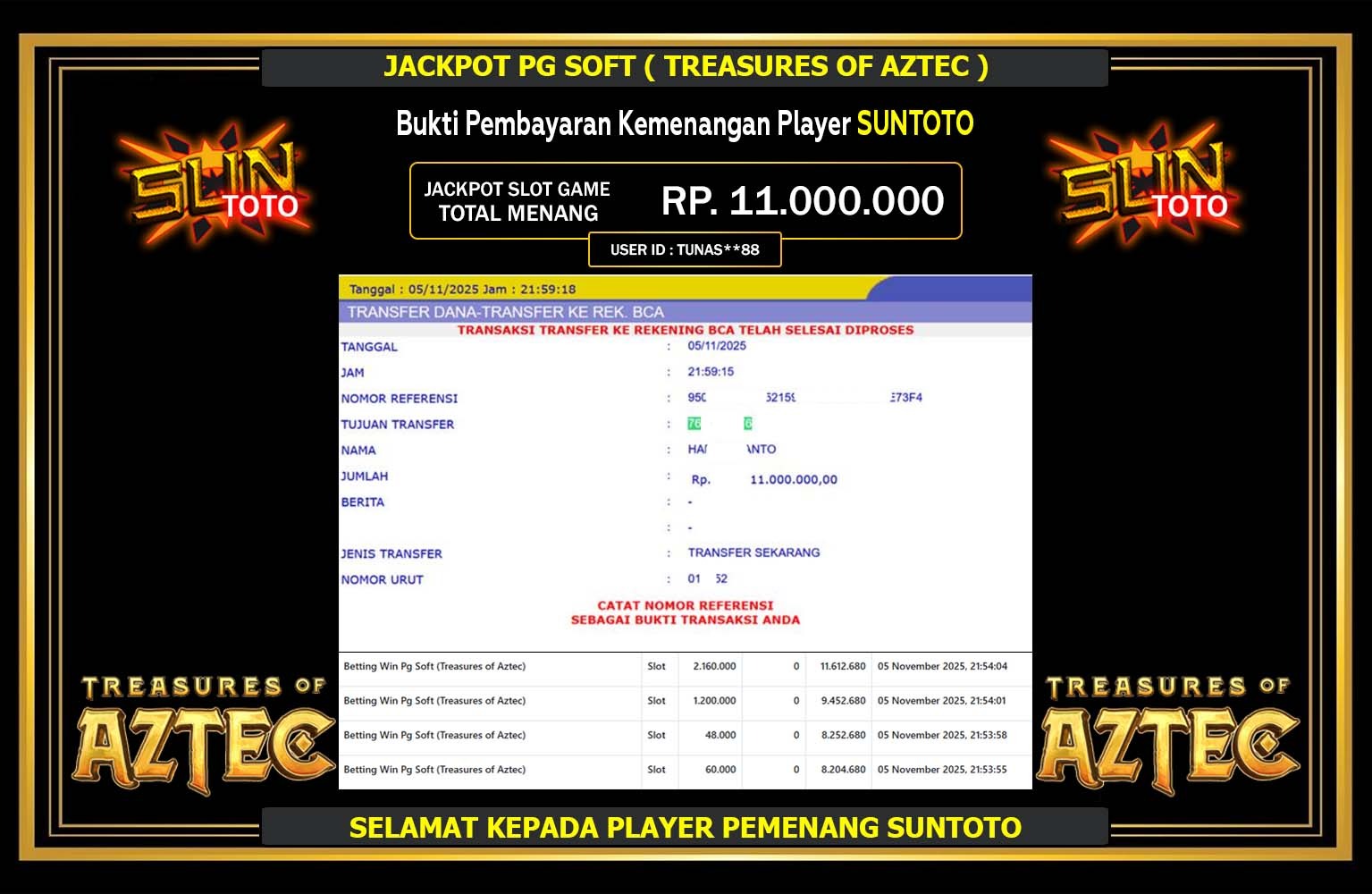SUNTOTO JACKPOT PG SOFT (TREASURES OF AZTEC) Rp.11.000.000,- LUNAS