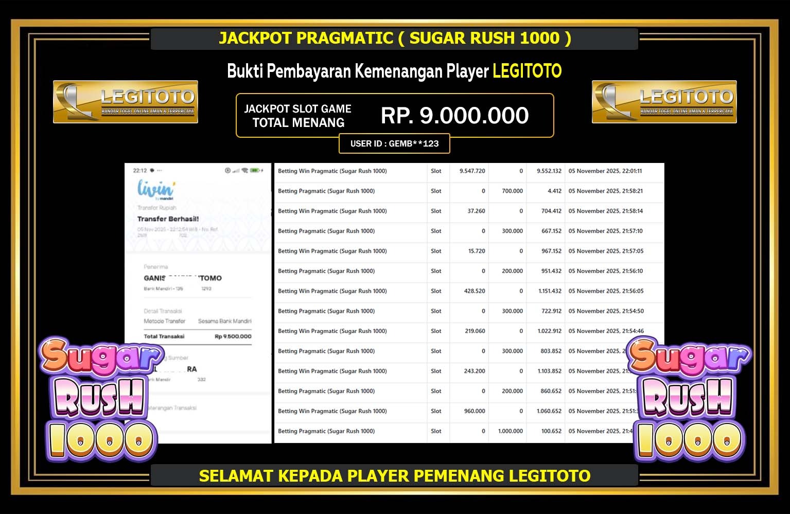 LEGITOTO JACKPOT PRAGMATIC (SUGAR RUSH 1000) Rp.9.000.000,- LUNAS