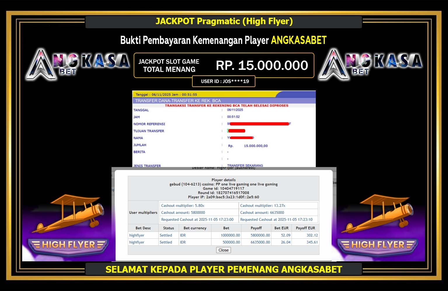 ANGKASABET JACKPOT Pragmatic (High Flyer) Rp.15.000.000,- LUNAS
