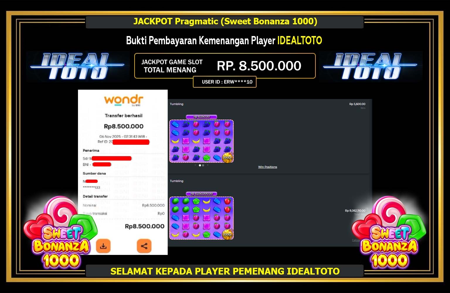 IDEALTOTO JACKPOT Pragmatic (Sweet Bonanza 1000) Rp.8.500.000,- LUNAS