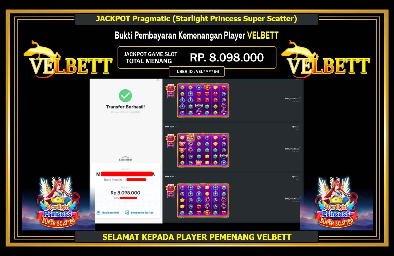 VELBETT JACKPOT Pragmatic (Starlight Princess Super Scatter) Rp.8.098.000,- LUNAS