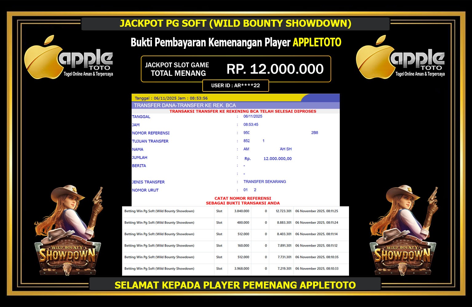 APPLETOTO JACKPOT PG SOFT (WILD BOUNTY SHOWDOWN) Rp.12.000.000,- LUNAS