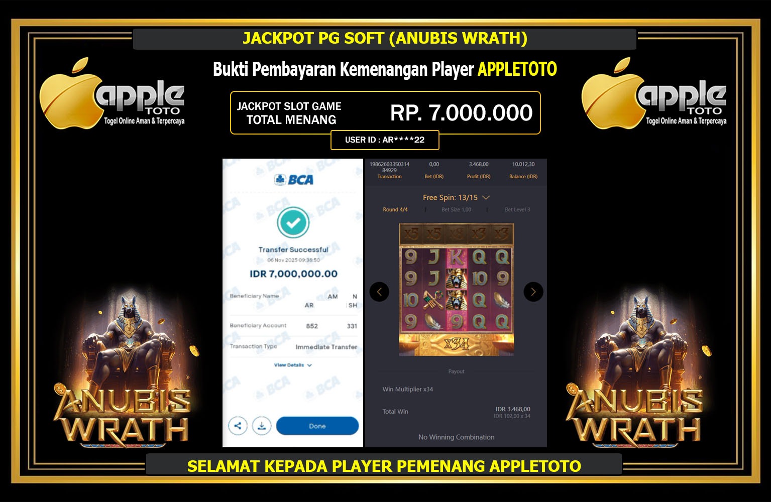 APPLETOTO JACKPOT PG SOFT (ANUBIS WRATH) Rp.7.000.000,- LUNAS