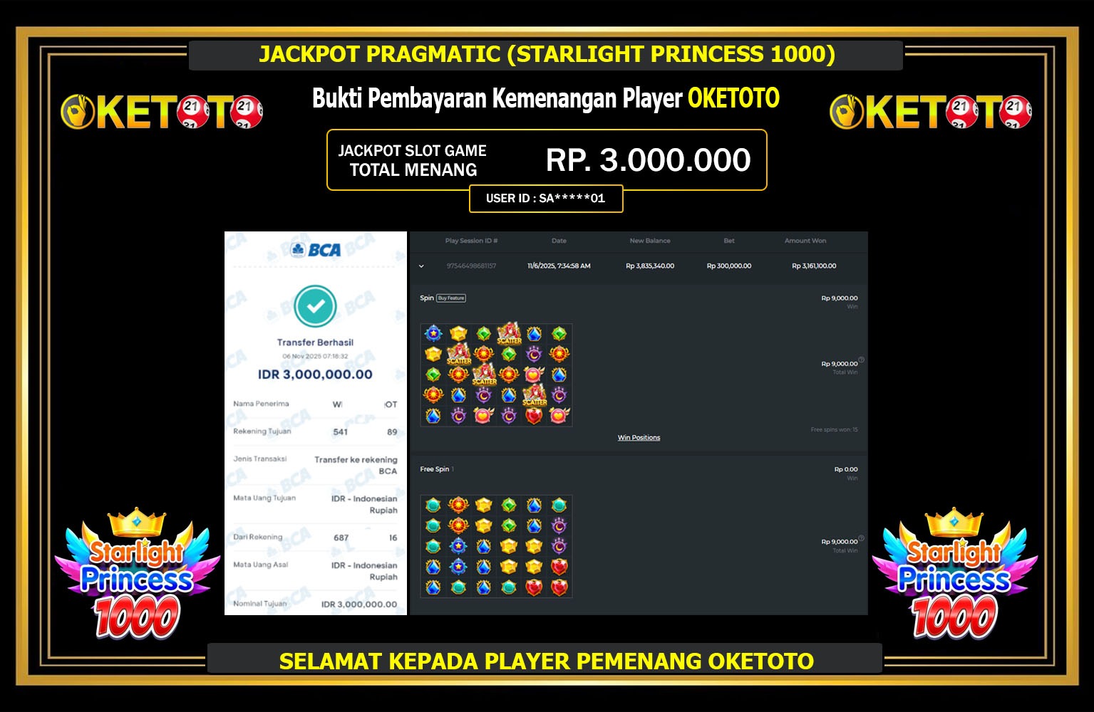 OKETOTO JACKPOT PRAGMATIC (STARLIGHT PRINCESS 1000) Rp.3.000.000,- LUNAS