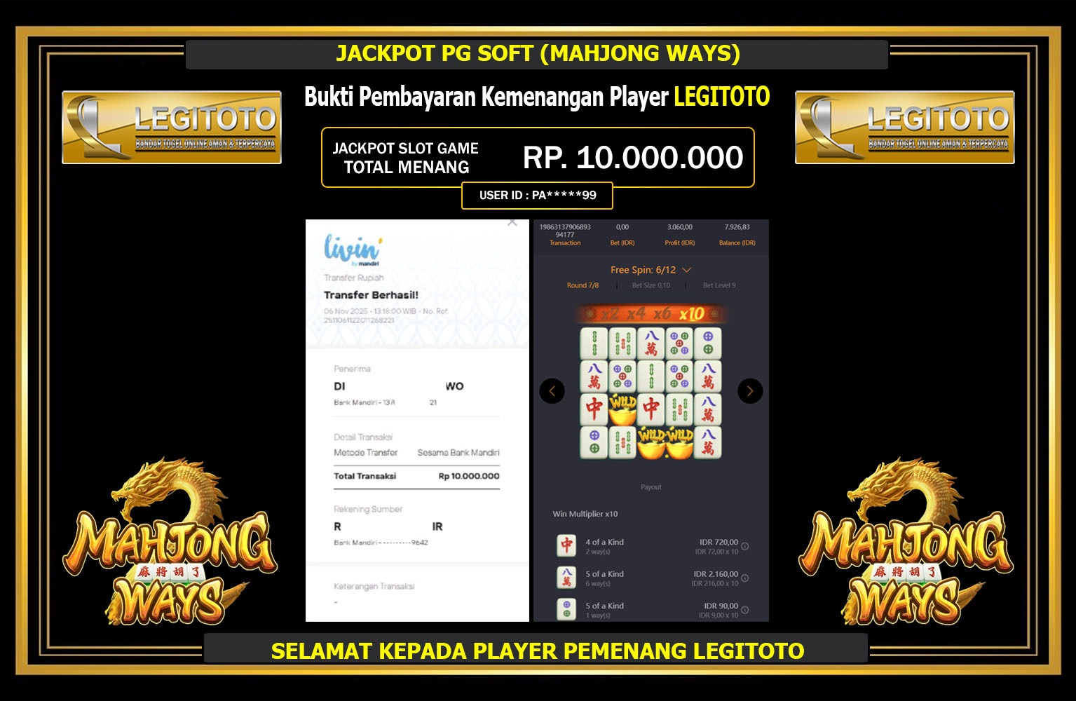LEGITOTO JACKPOT PG SOFT (MAHJONG WAYS) Rp.10.000.000,- LUNAS