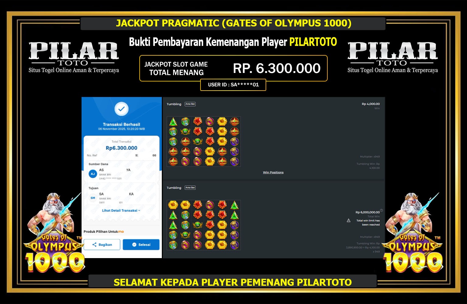 PILARTOTO JACKPOT PRAGMATIC (GATES OF OLYMPUS 1000) Rp.6.300.000,- LUNAS