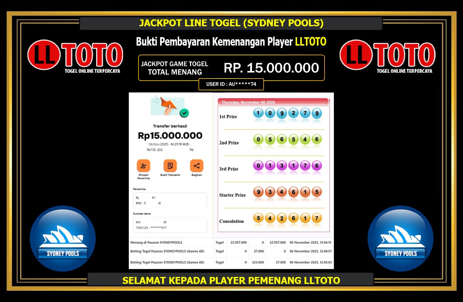 LLTOTO JACKPOT LINE TOGEL (SYDNEY POOLS) Rp.15.000.000,- LUNAS