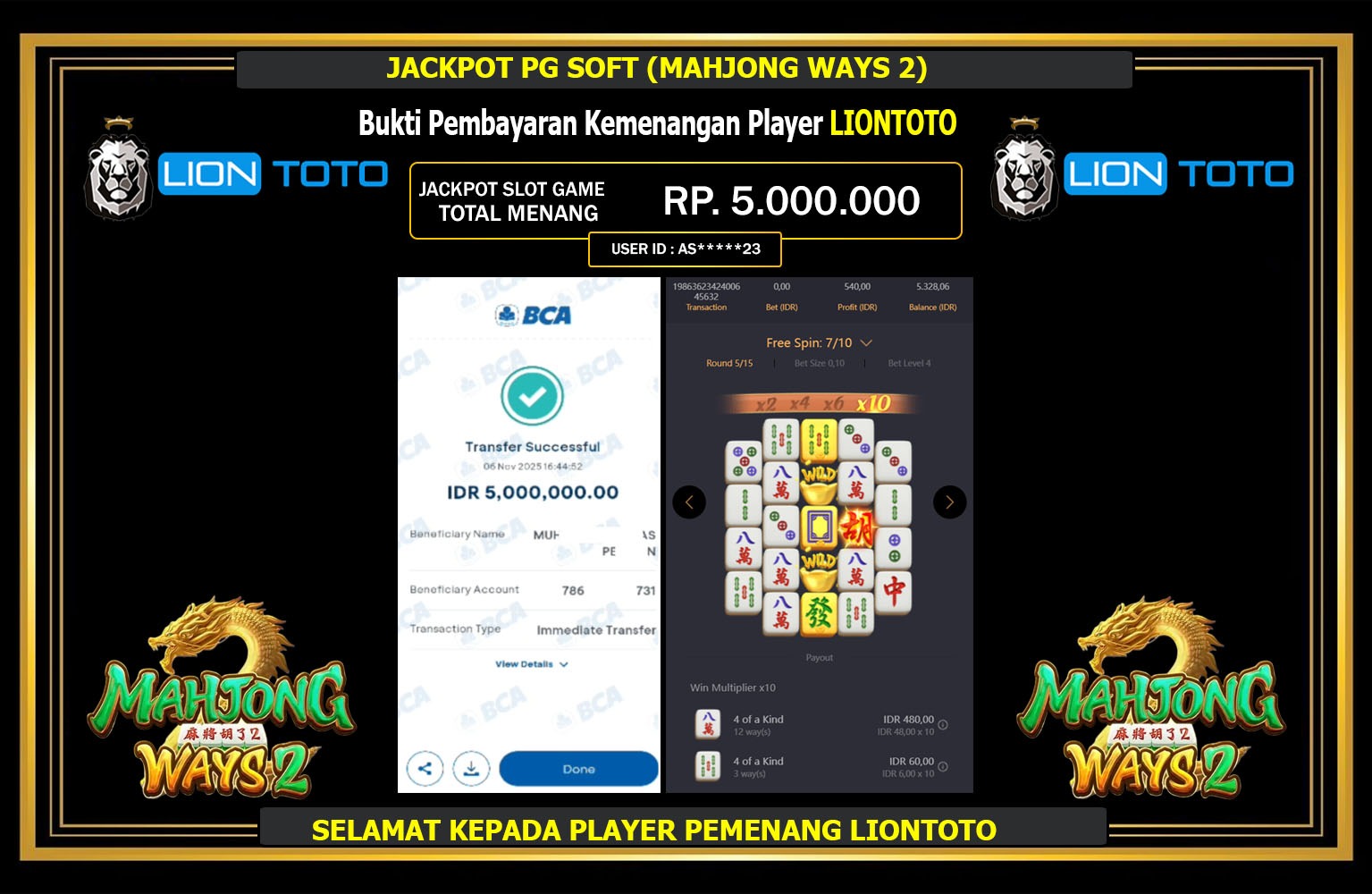LIONTOTO JACKPOT PG SOFT (MAHJONG WAYS 2) Rp.5.000.000,- LUNAS