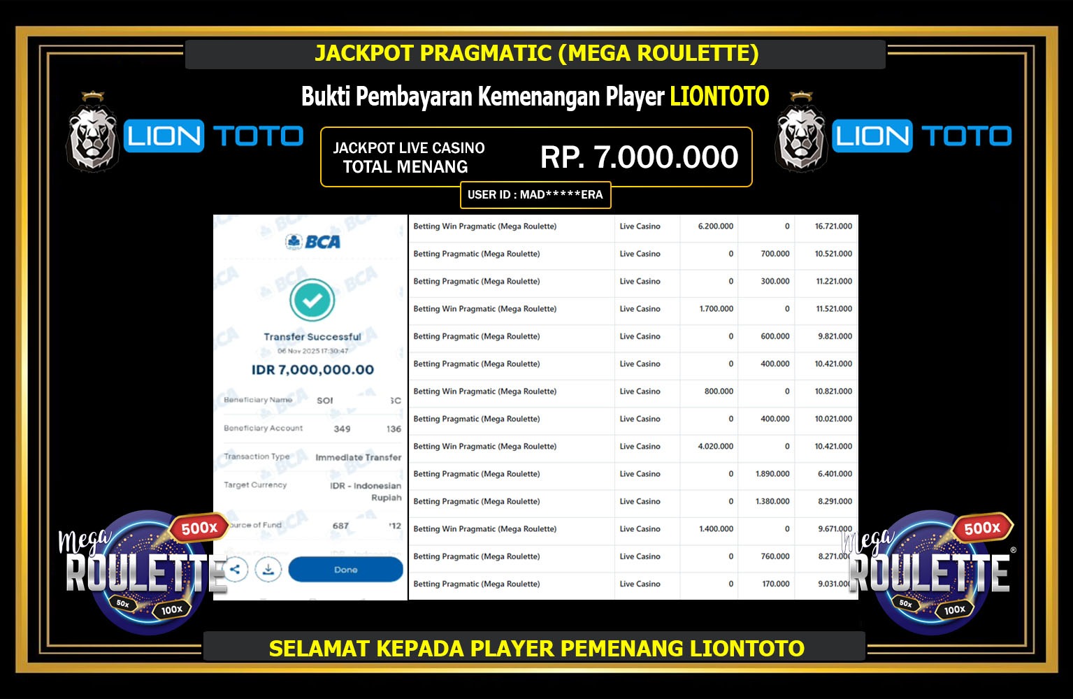 LIONTOTO JACKPOT PRAGMATIC (MEGA ROULETTE) Rp.7.000.000,- LUNAS