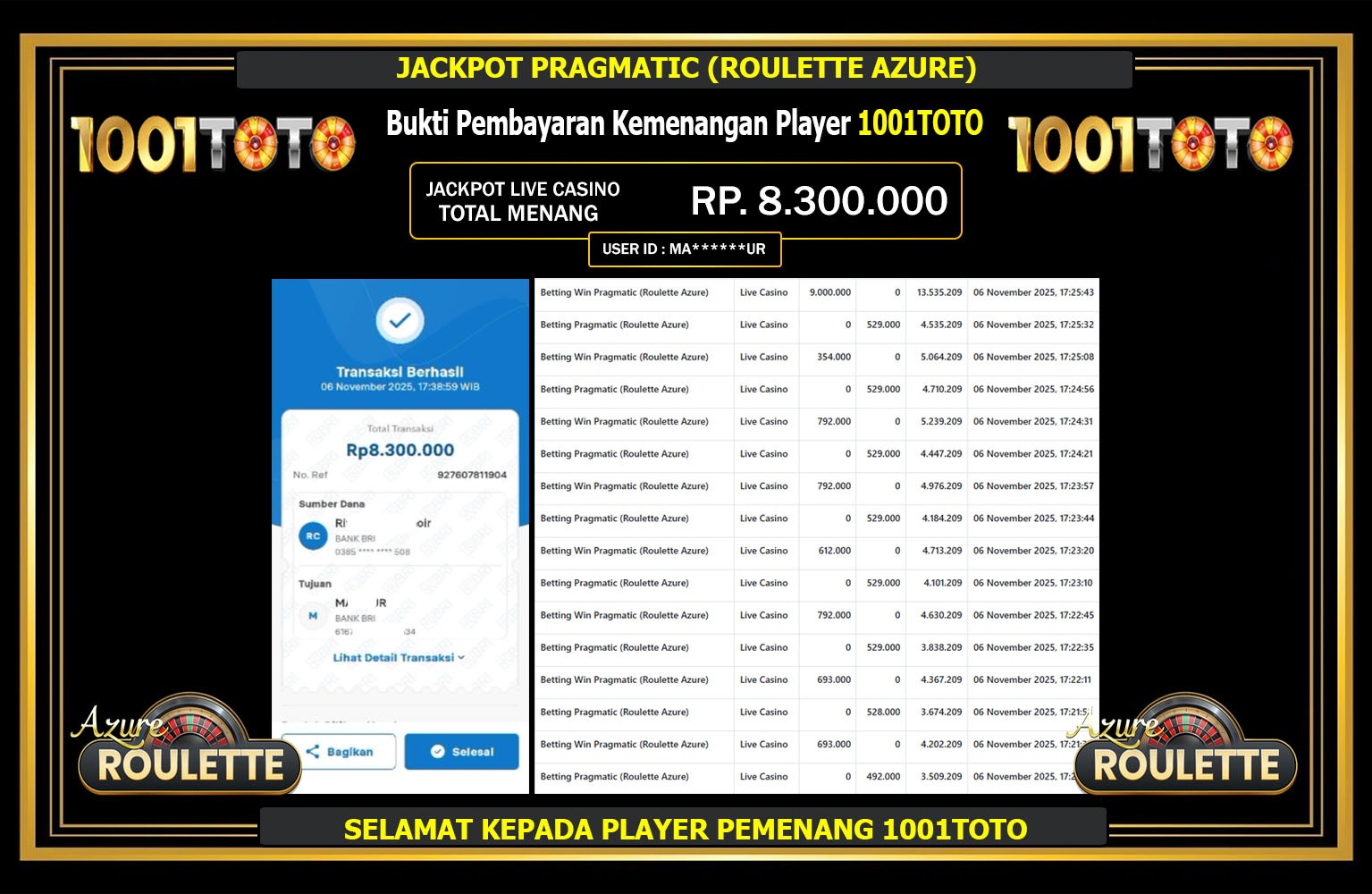 1001TOTO JACKPOT PRAGMATIC (ROULETTE AZURE) Rp.8.300.000,- LUNAS