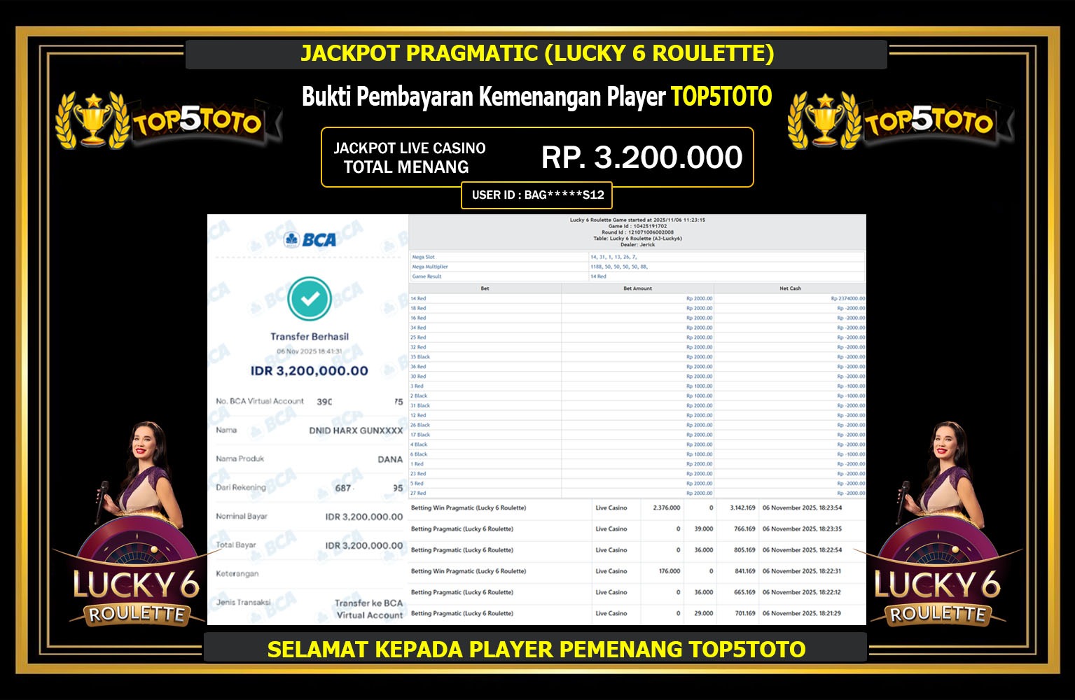 TOP5TOTO JACKPOT PRAGMATIC (LUCKY 6 ROULETTE) Rp.3.200.000,- LUNAS