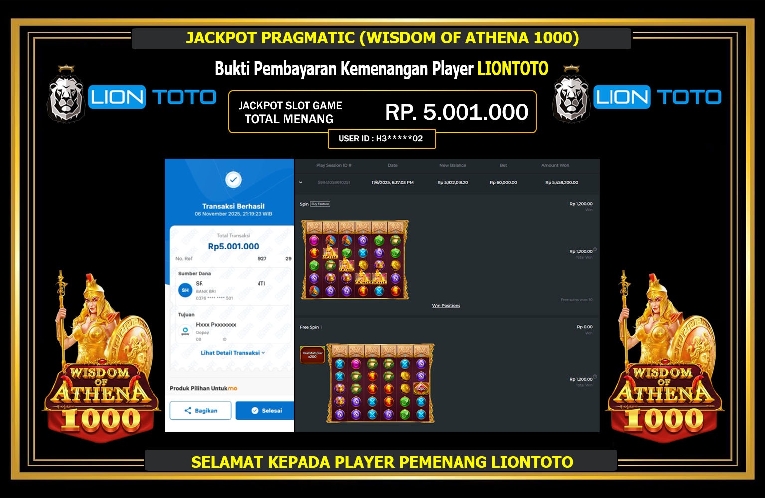 LIONTOTO JACKPOT PRAGMATIC (WISDOM OF ATHENA 1000) Rp.5.001.000,- LUNAS