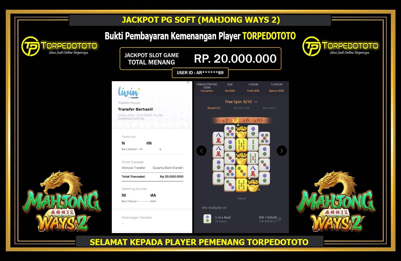 TORPEDOTOTO JACKPOT PG SOFT (MAHJONG WAYS) Rp.20.000.000,- LUNAS