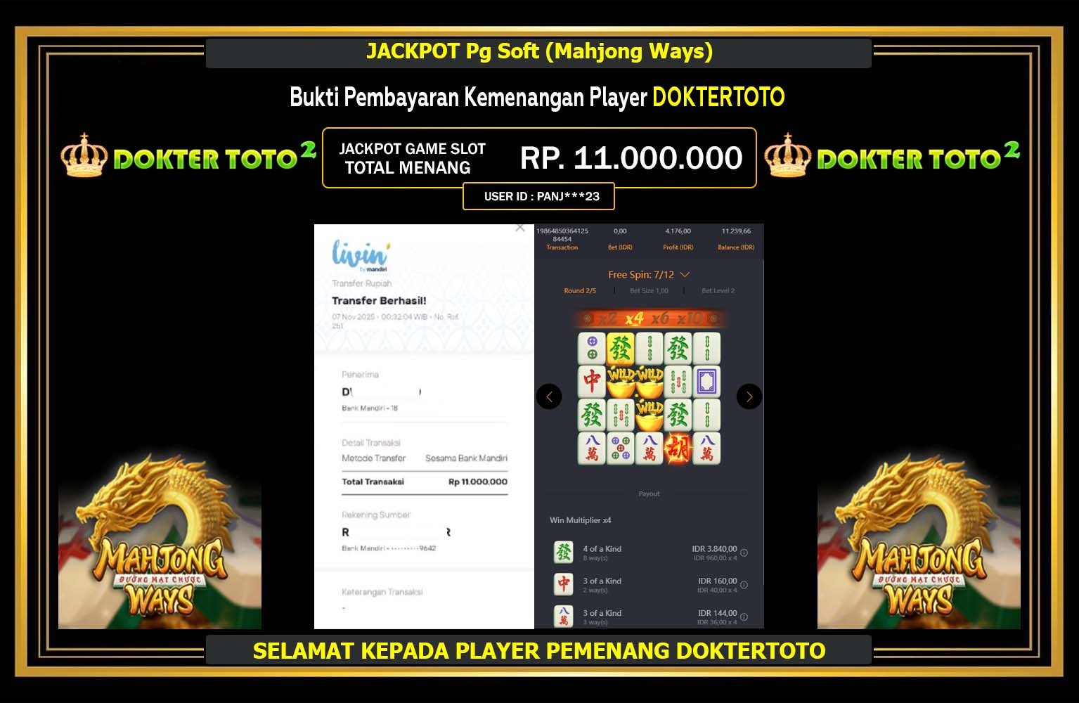 DOKTERTOTO2 JACKPOT PG SOFT (MAHJONG WAYS) Rp.11.000.000,- LUNAS