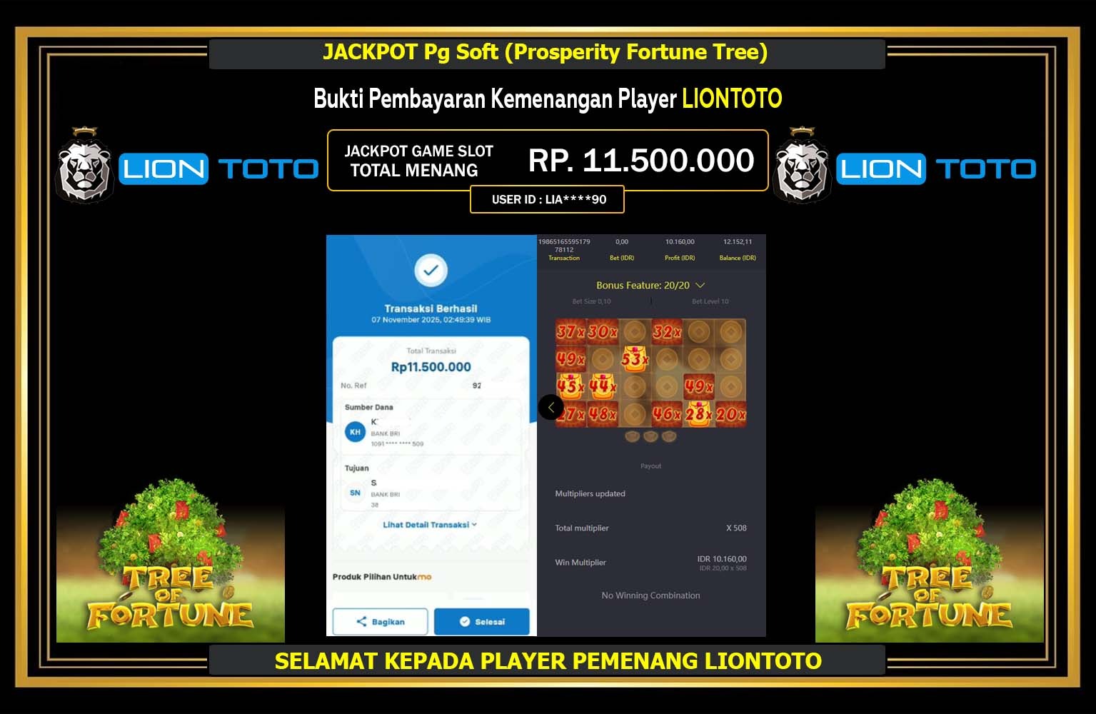 LIONTOTO JACKPOT PG SOFT (PROSPERITY FORTUNE TREE) Rp.11.500.000,- LUNAS