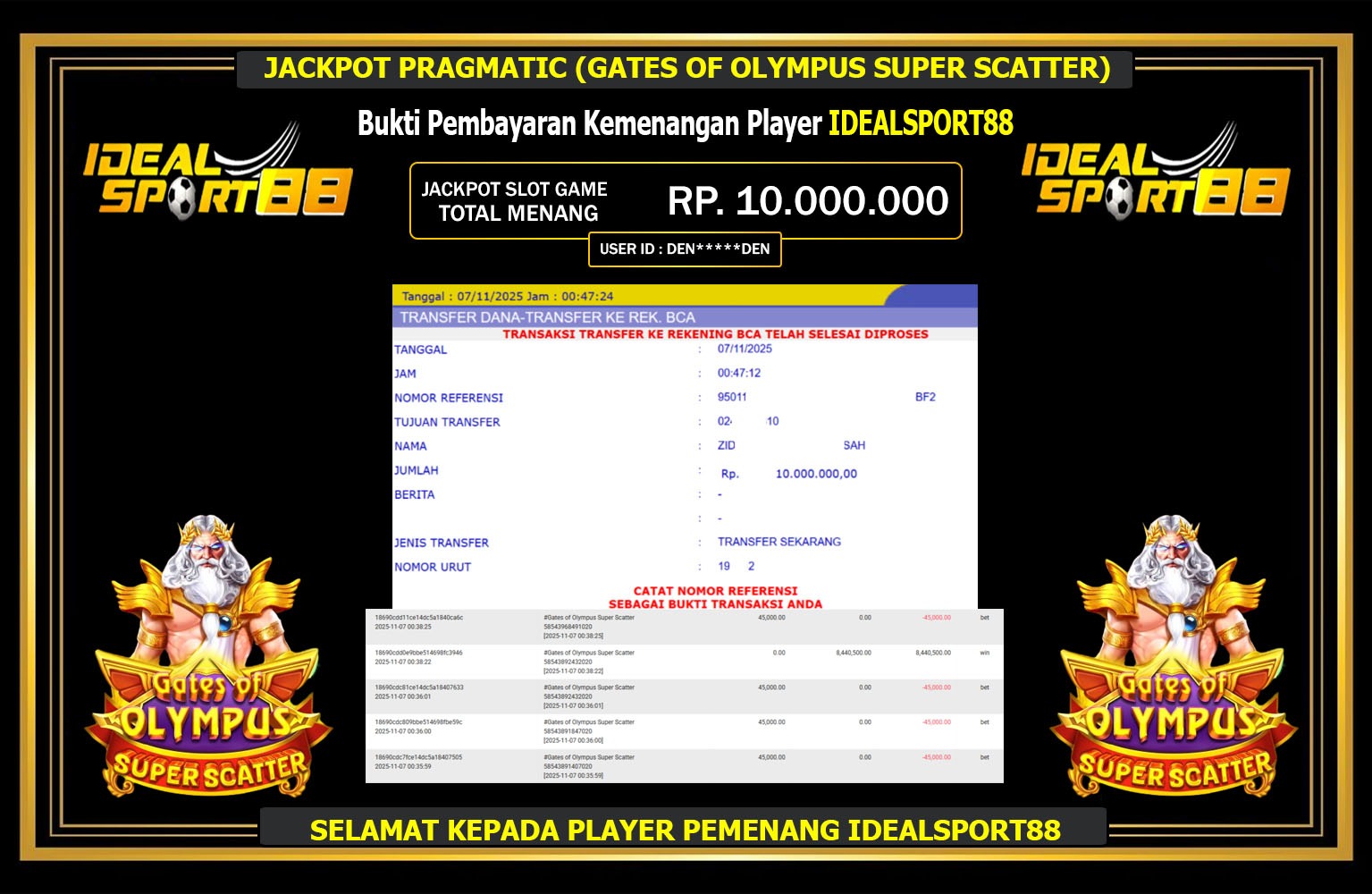 IDEALSPORT88 JACKPOT PRAGMATIC (GATES OF OLYMPUS SUPER SCATTER) Rp.10.000.000,- LUNAS
