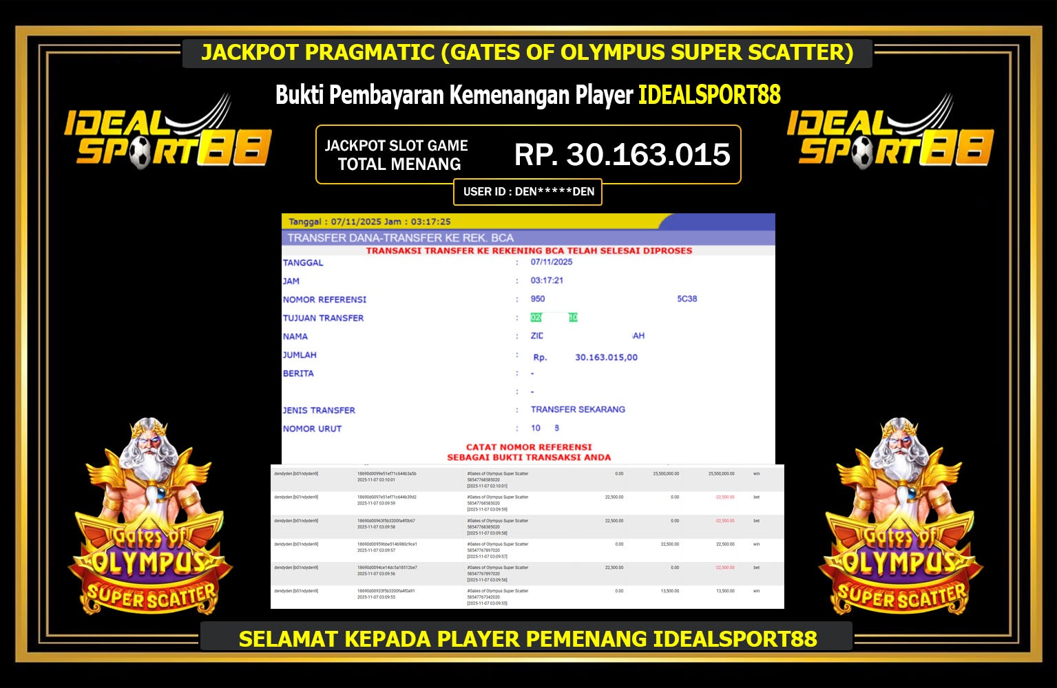 IDEALSPORT88 JACKPOT PRAGMATIC (GATES OF OLYMPUS SUPER SCATTER) Rp.30.163.015,- LUNAS