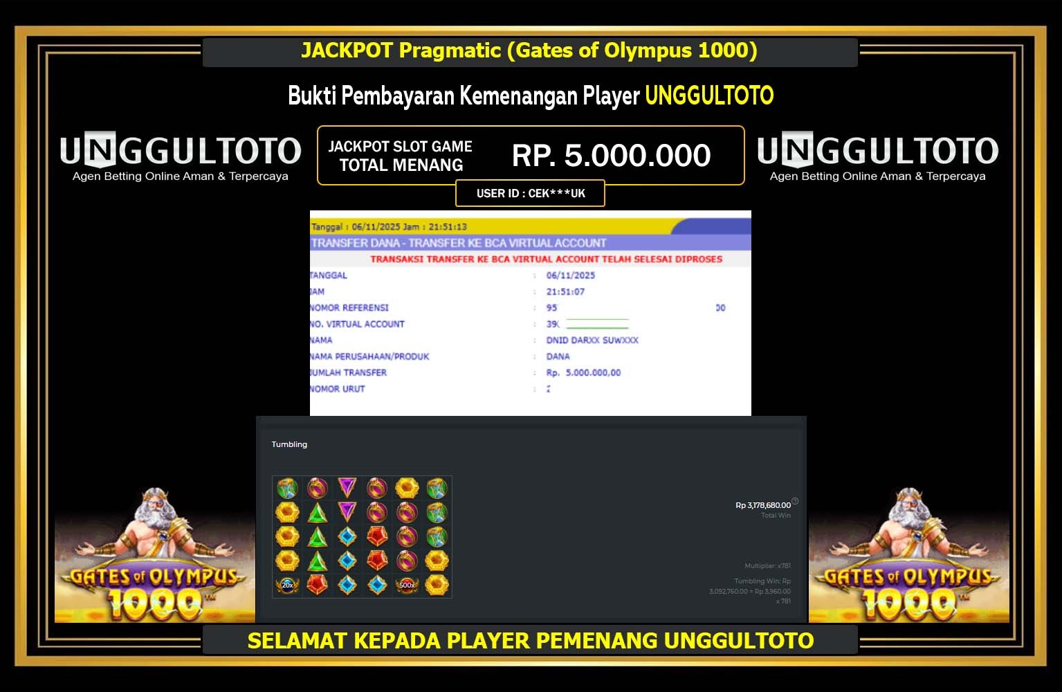 UNGGULTOTO JACKPOT PRAGMATIC (GATES OF OLYMPUS 1000) Rp.5.000.000,- LUNAS
