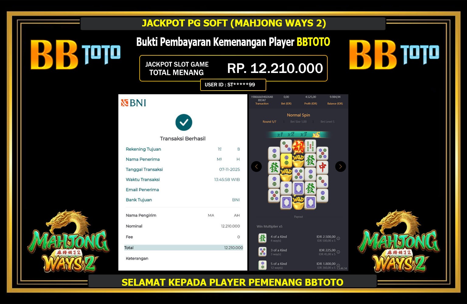 BBTOTO JACKPOT PG SOFT (MAHJONG WAYS 2) Rp.12.210.000,- LUNAS
