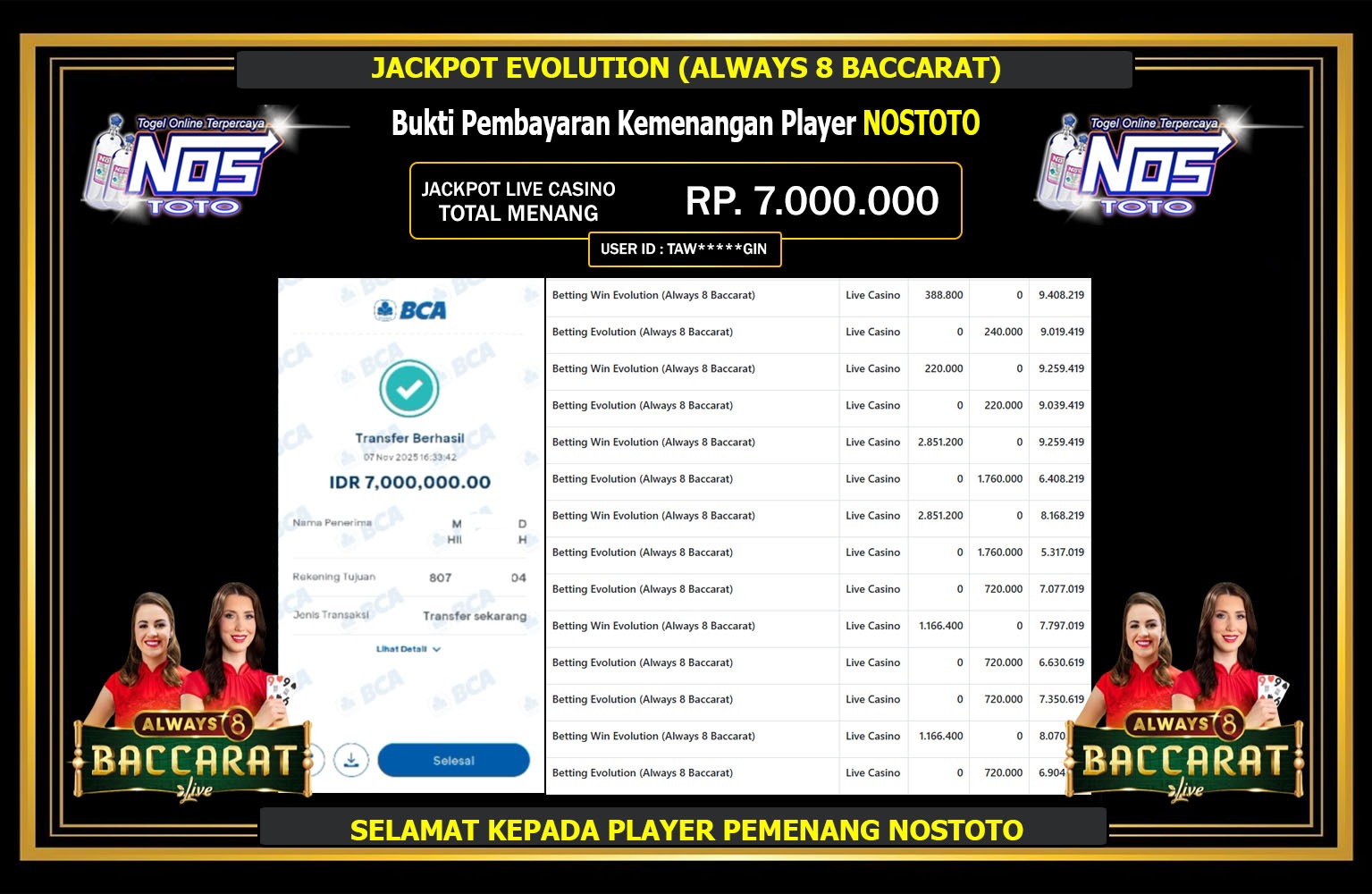 NOSTOTO JACKPOT EVOLUTION (ALWAYS 8 BACCARAT) Rp.7.000.000,- LUNAS