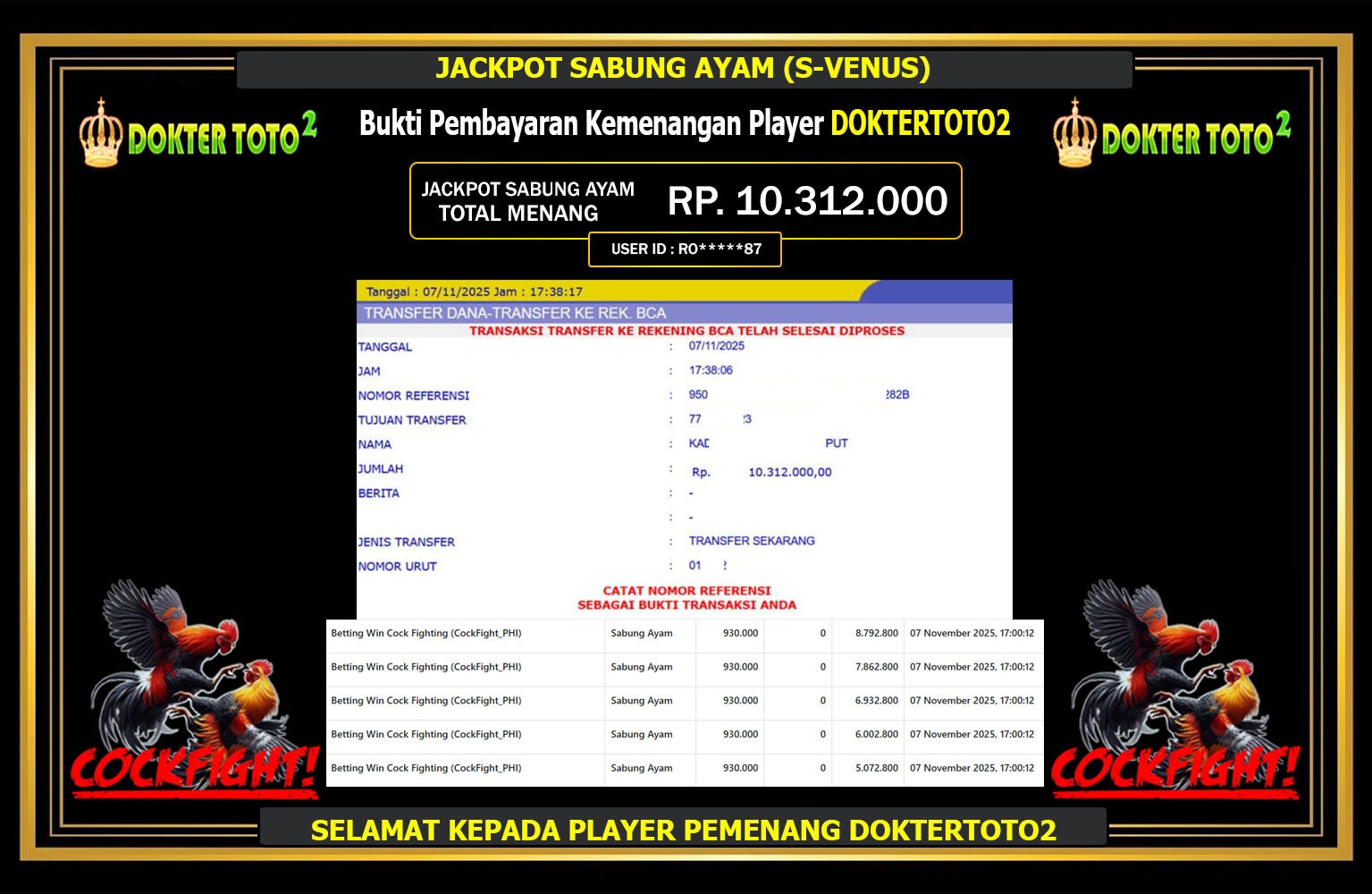 DOKTERTOTO2 JACKPOT SABUNG AYAM (S-VENUS) Rp.10.312.000,- LUNAS