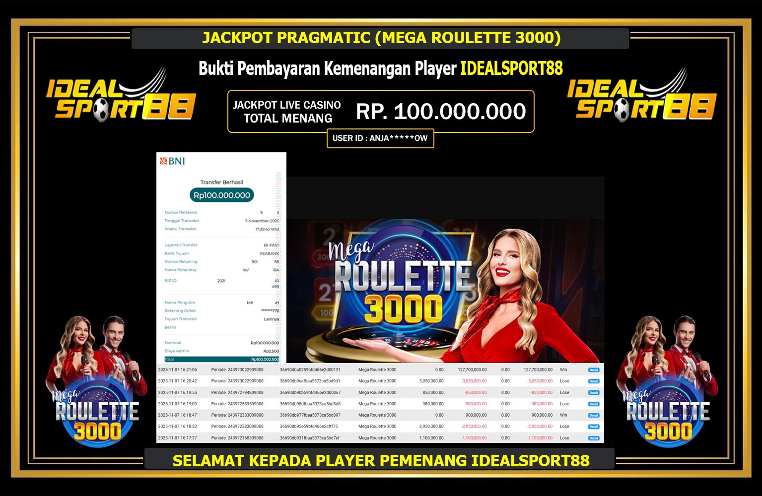 IDEALSPORT88 JACKPOT PRAGMATIC (MEGA ROULETTE 3000) Rp.100.000.000,- LUNAS