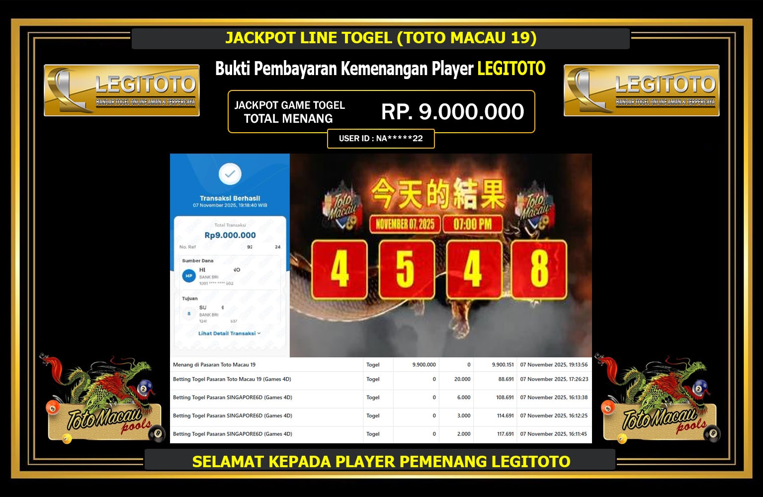 LEGITOTO JACKPOT LINE TOGEL (TOTO MACAU 19) Rp.9.000.000,- LUNAS