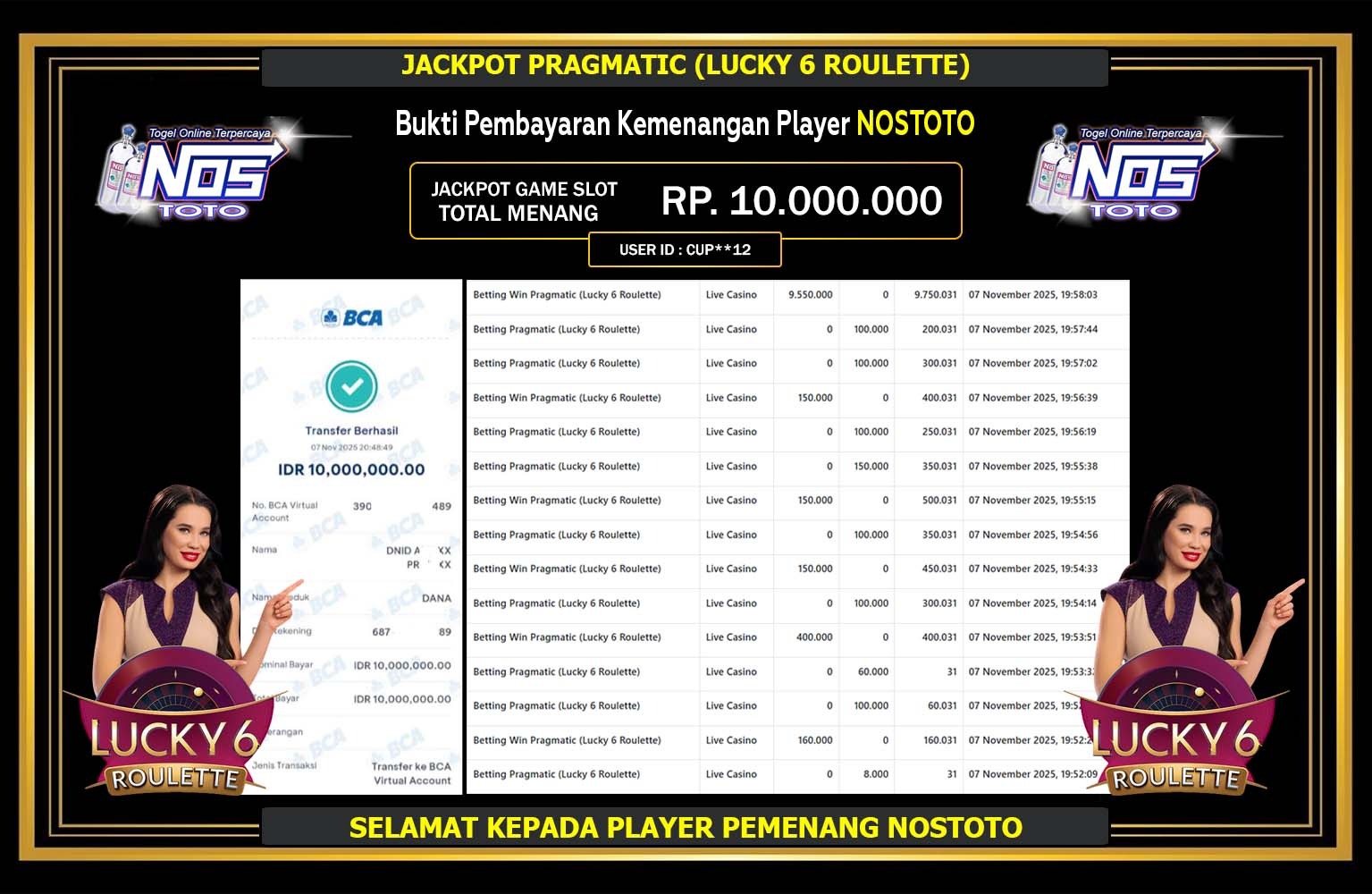 NOSTOTO JACKPOT PRAGMATIC (LUCKY 6 ROULETTE) Rp.10.000.000,- LUNAS