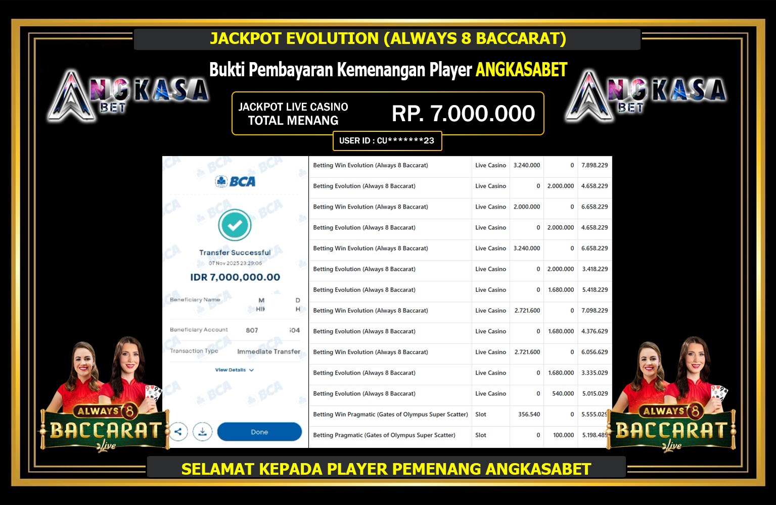 ANGKASABET JACKPOT EVOLUTION (ALWAYS 8 BACCARAT) Rp.7.000.000,- LUNAS
