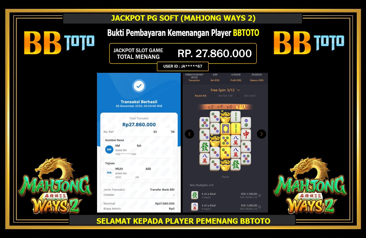 BBTOTO JACKPOT PG SOFT (MAHJONG WAYS 2) Rp.27.860.000,- LUNAS