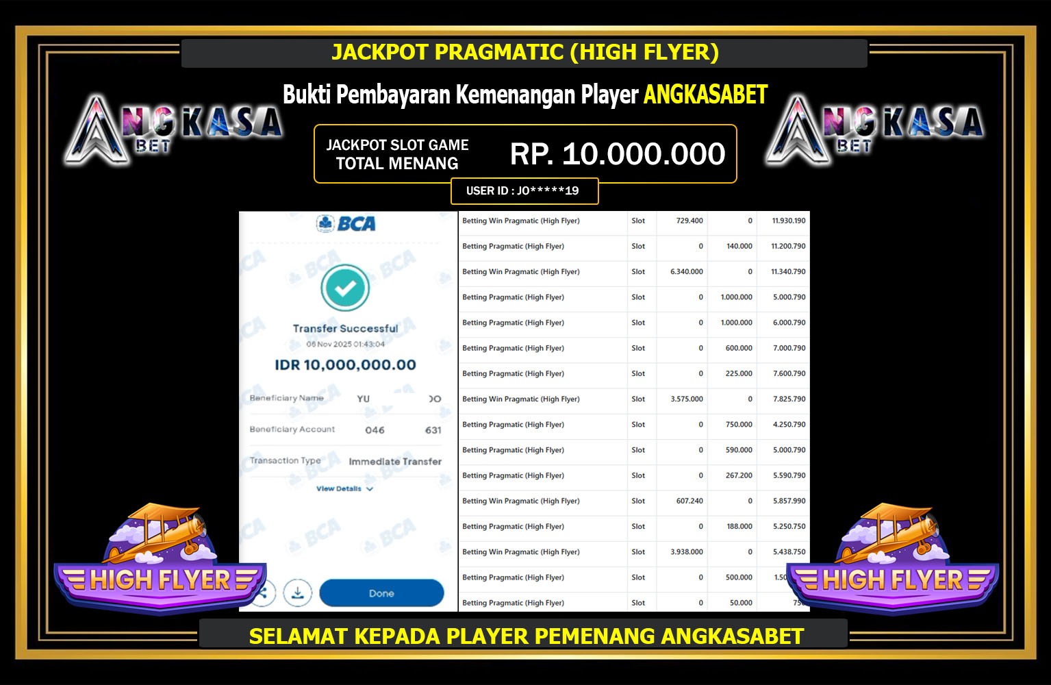 ANGKASABET JACKPOT PRAGMATIC (HIGH FLYER) Rp.10.000.000,- LUNAS