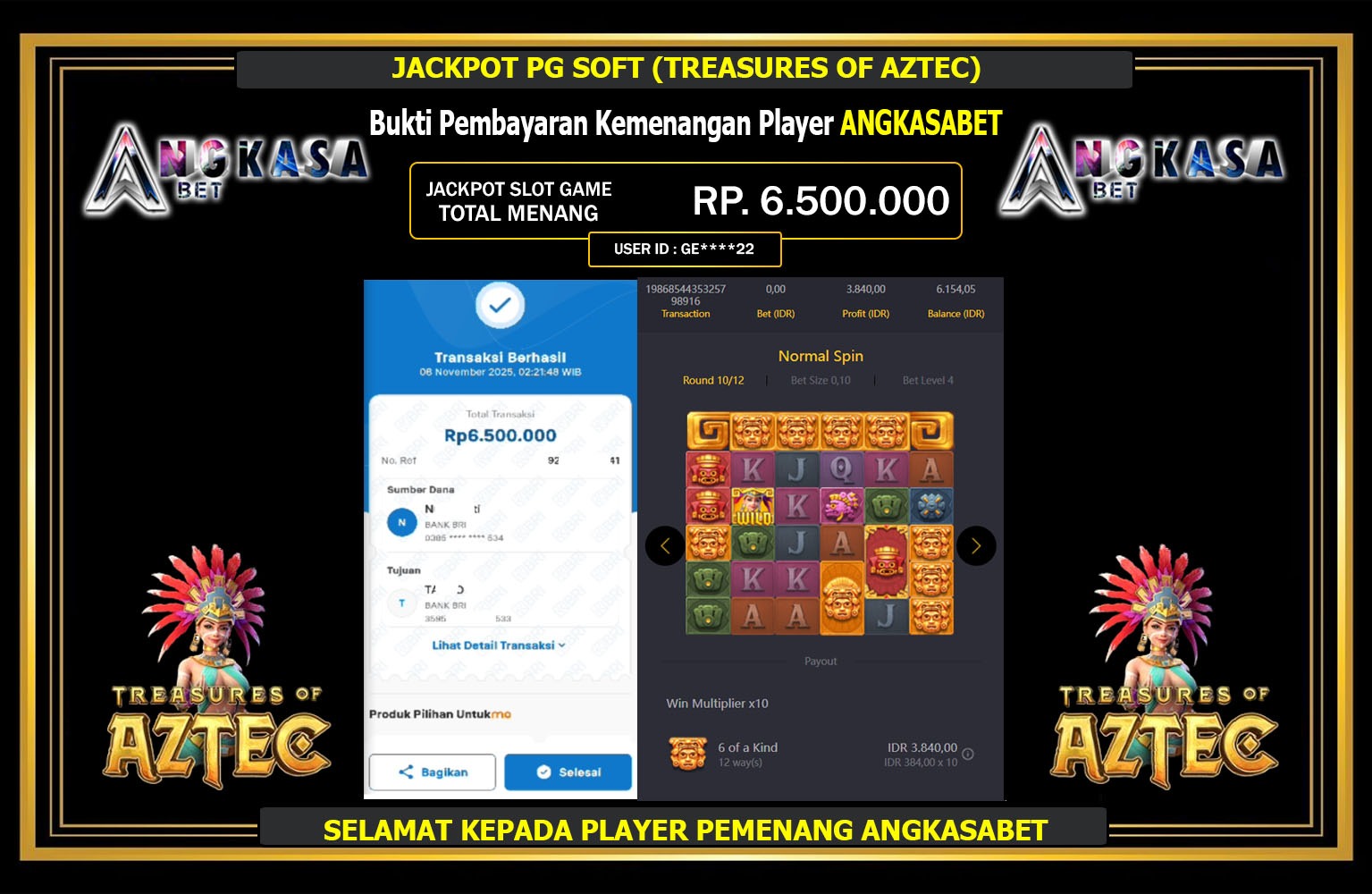 ANGKASABET JACKPOT PG SOFT (TREASURES OF AZTEC) Rp.6.500.000,- LUNAS
