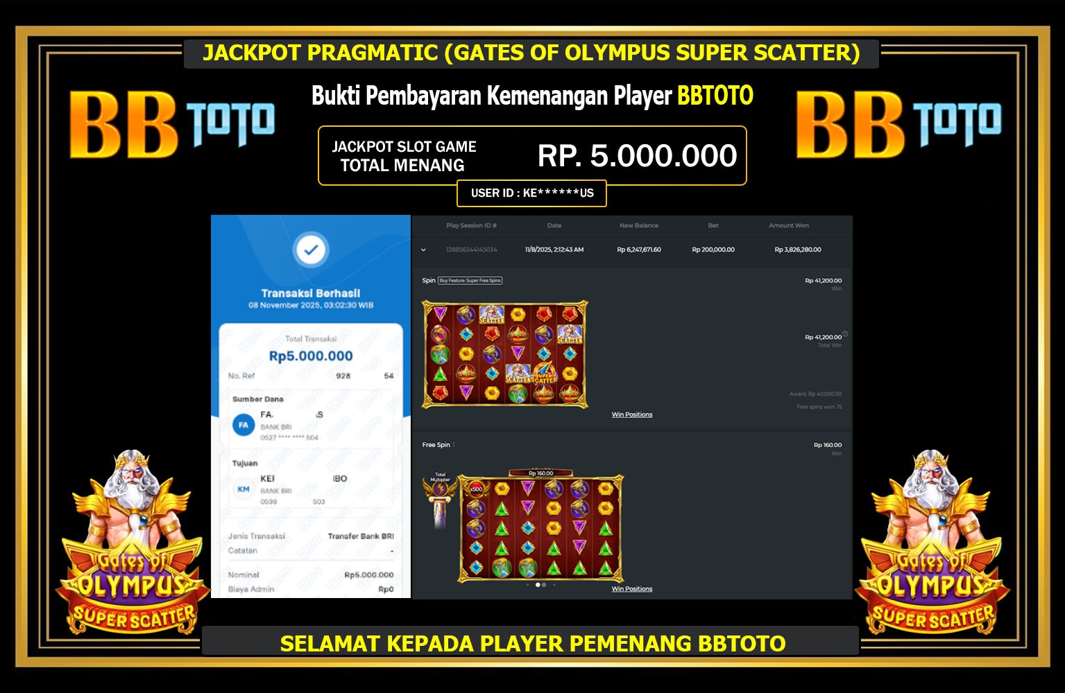 BBTOTO JACKPOT PRAGMATIC (GATES OF OLYMPUS SUPER SCATTER) Rp.5.000.000,- LUNAS