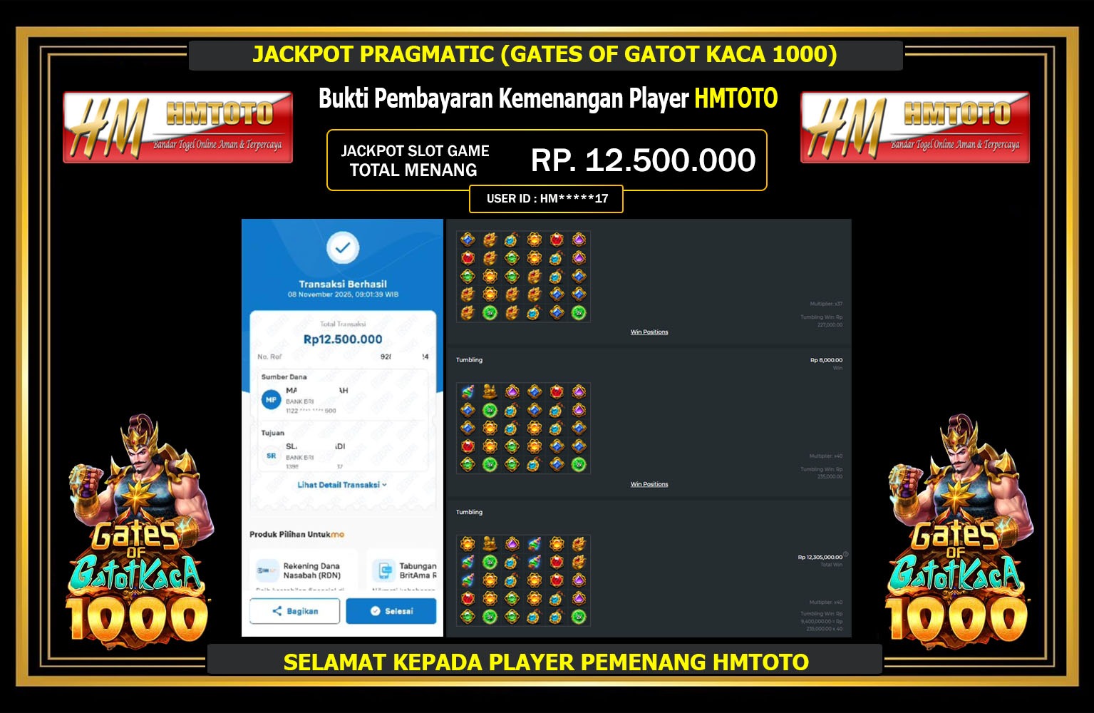 HMTOTO JACKPOT PRAGMATIC (GATES OF GATOT KACA 1000) Rp.12.500.000,- LUNAS