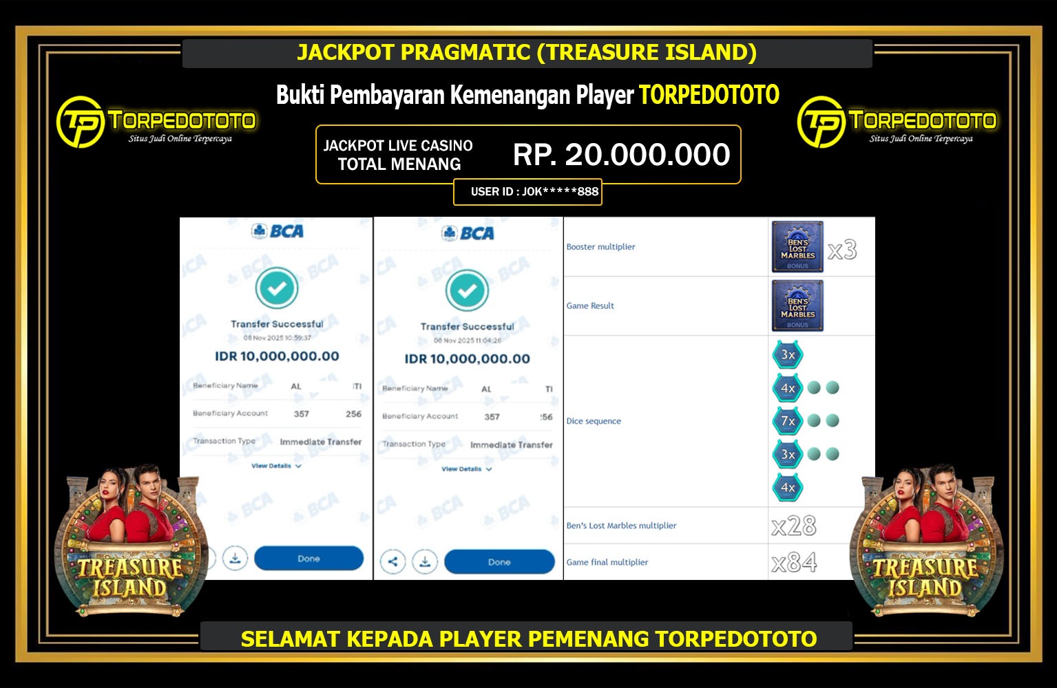 TORPEDOTOTO JACKPOT PRAGMATIC (TREASURE ISLAND) Rp.20.000.000,- LUNAS