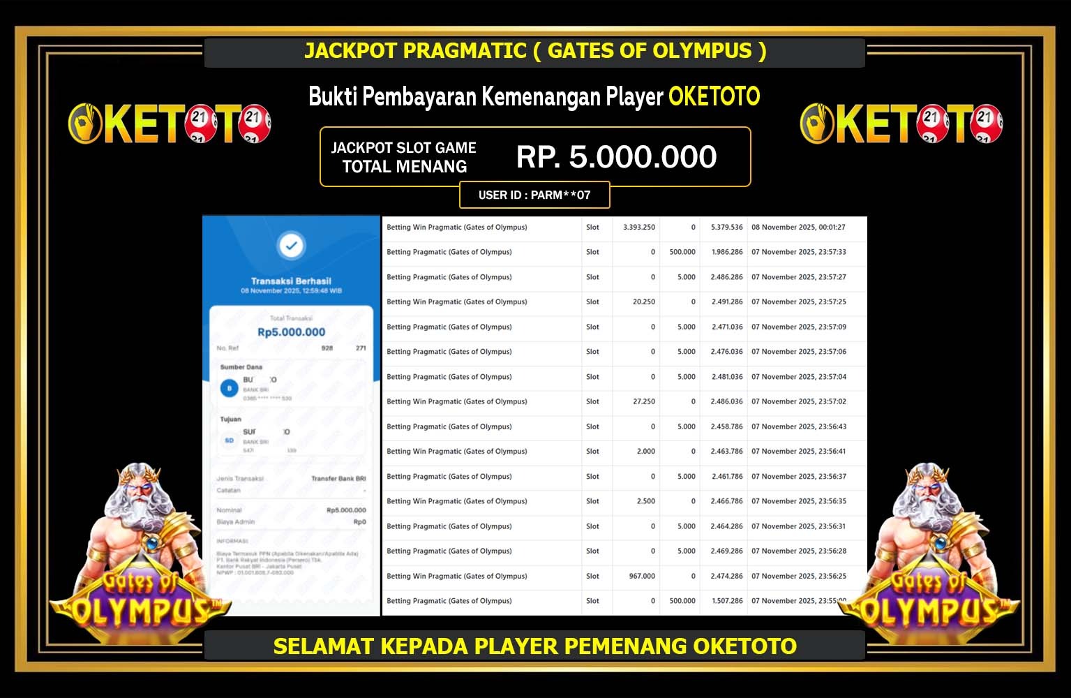 OKETOTO JACKPOT PRAGMATIC (GATES OF OLYMPUS) Rp.5.000.000,- LUNAS