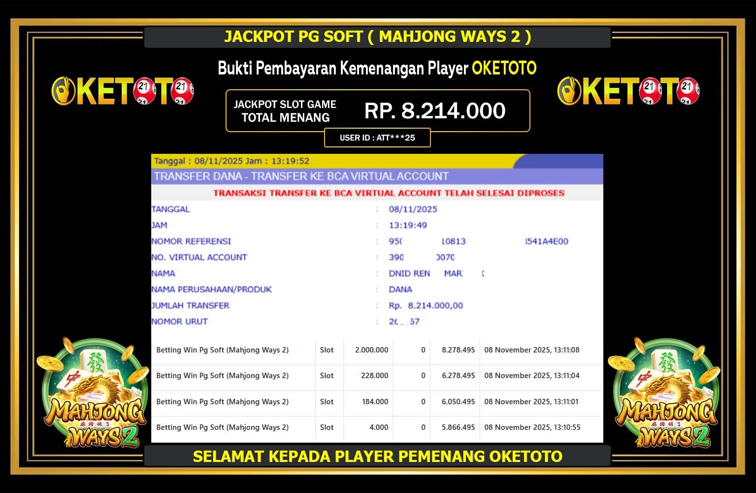 OKETOTO JACKPOT PG SOFT (MAHJONG WAYS 2) Rp.8.214.000,- LUNAS