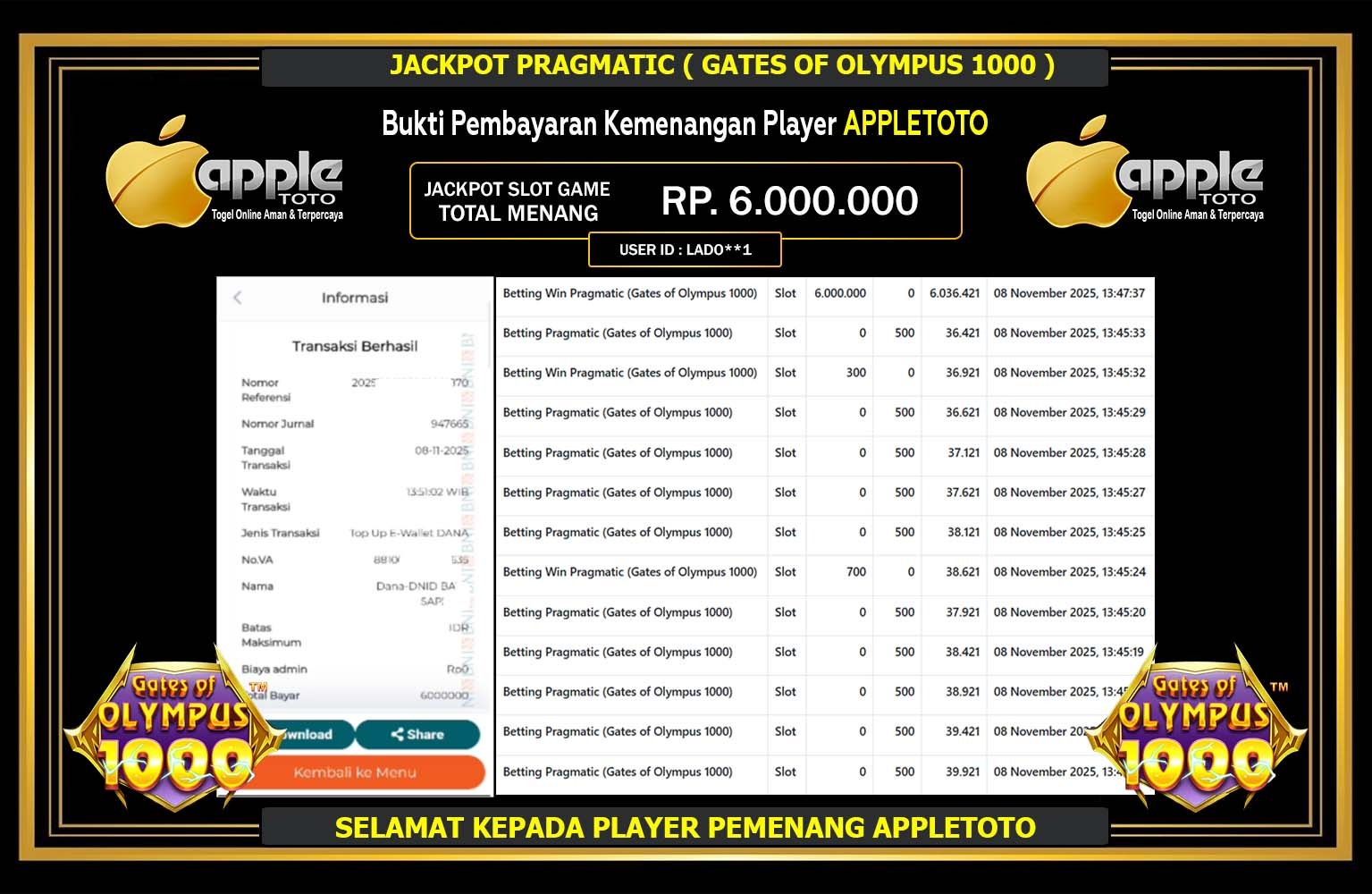 APPLETOTO JACKPOT PRAGMATIC (GATES OF OLYMPUS 1000) Rp.6.000.000,- LUNAS
